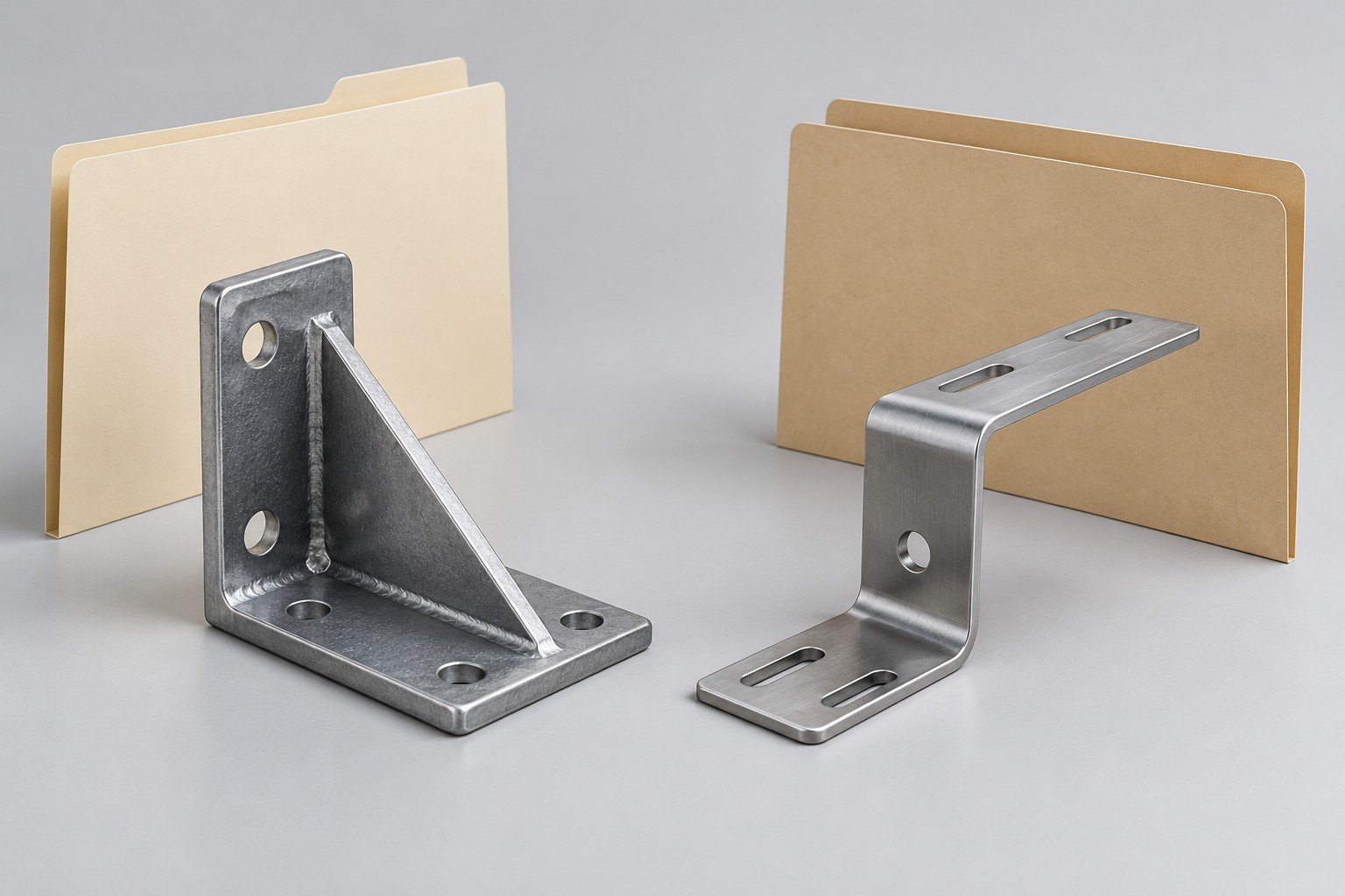 Two different bracket concepts beside separate plain revision folders; illustrative component concept, not measured/company/customer part
