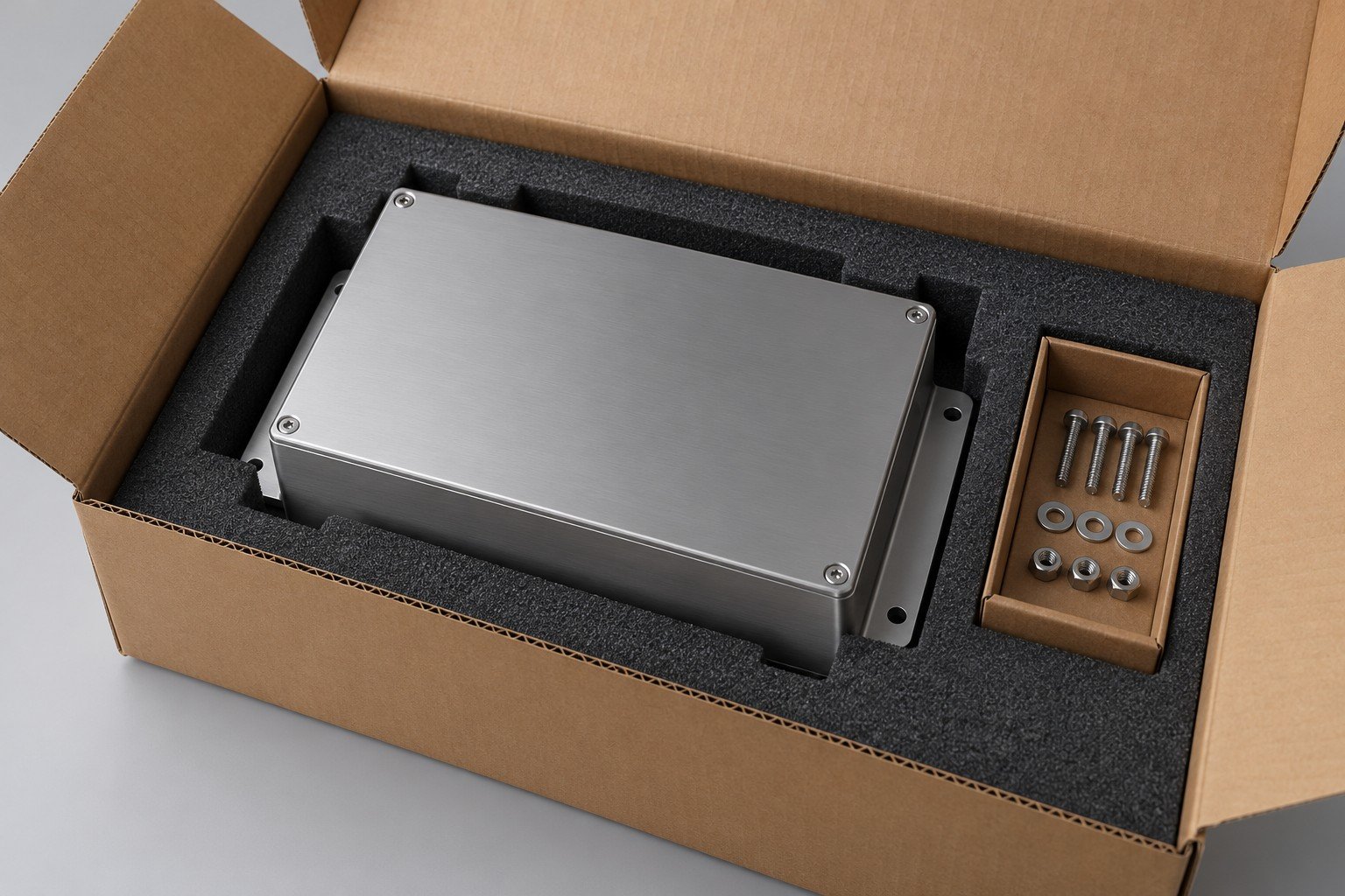 Metal enclosure concept in fitted foam inside an open box with separate hardware tray; illustrative component concept, not measured/company/customer part