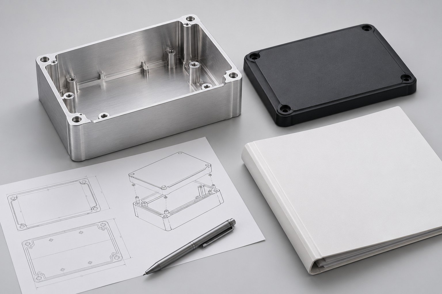 Aluminum housing and separate cover concept beside plain project folder and illustrative drawing sheets; illustrative component concept, not measured/company/customer part
