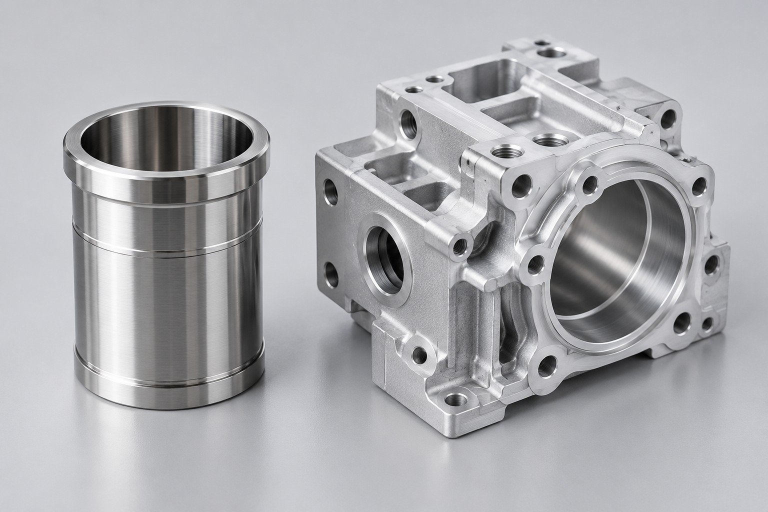 Separate precision sleeve and machined housing concepts without assigned measurements; illustrative component concept, not measured/company/customer part