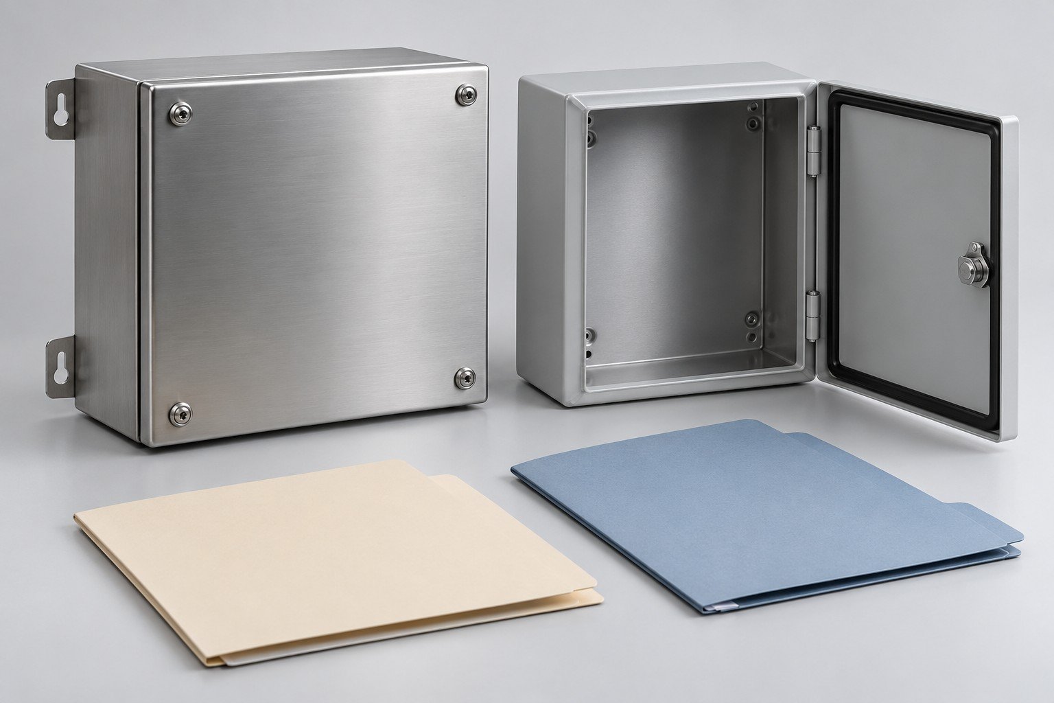 Two differently configured metal enclosure concepts beside separate plain folders; illustrative component concept, not measured/company/customer part