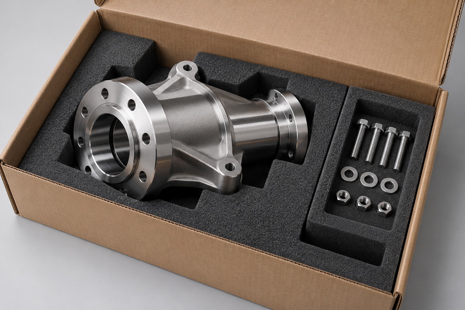 Manufactured metal component concept in fitted protective packaging with separate hardware; illustrative component concept, not measured/company/customer part