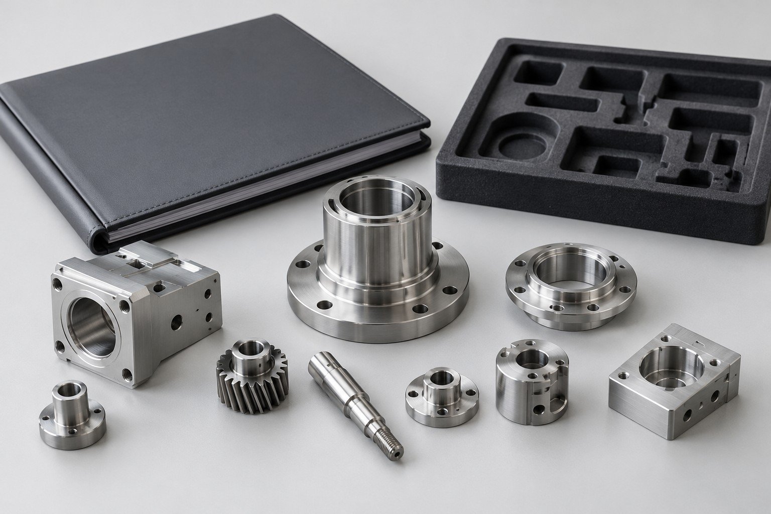 Diverse machined component concepts beside a plain review folder and protective tray; illustrative component concept, not measured/company/customer part