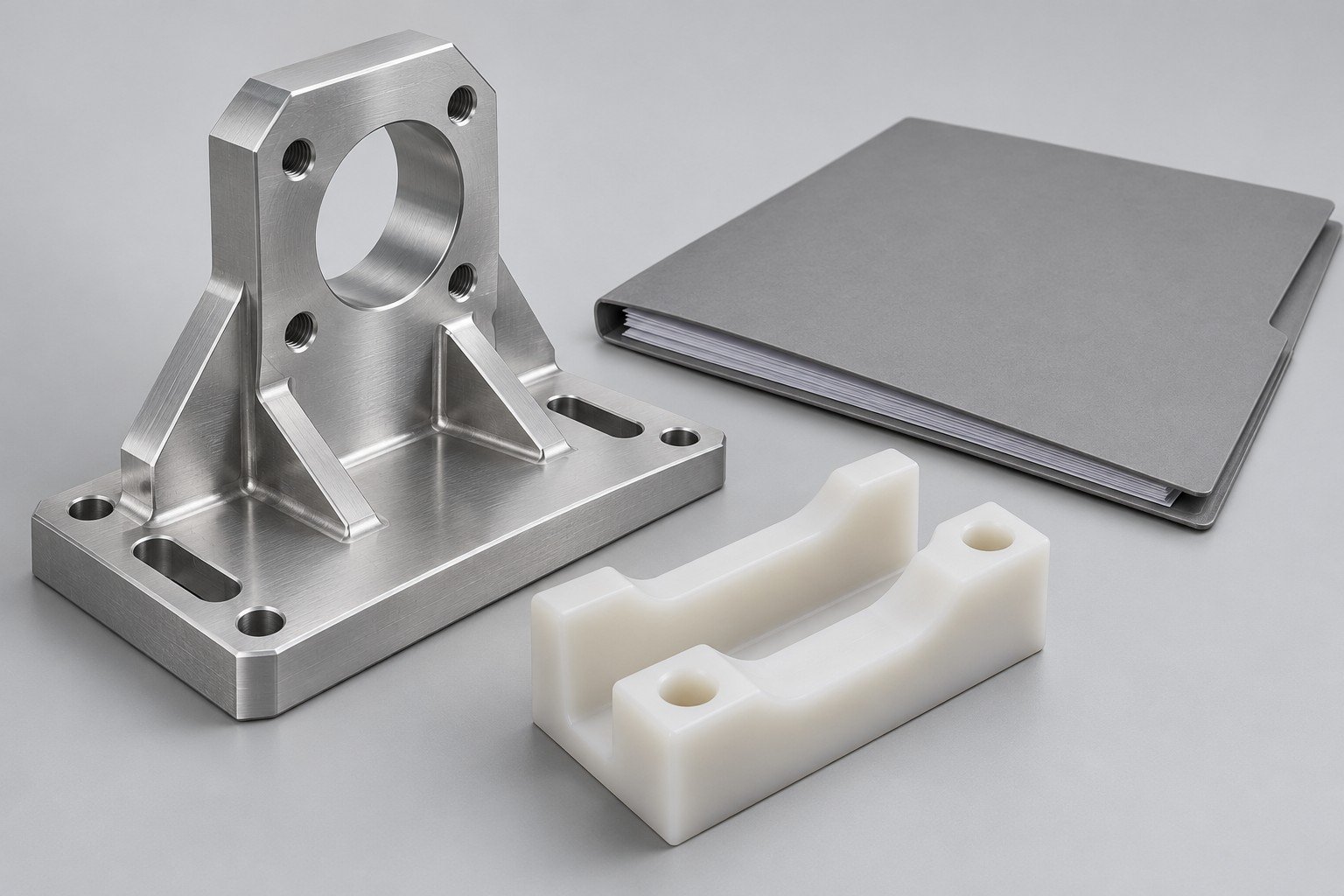 Machined bracket, polymer guide and plain project folder; illustrative component concept, not measured/company/customer part