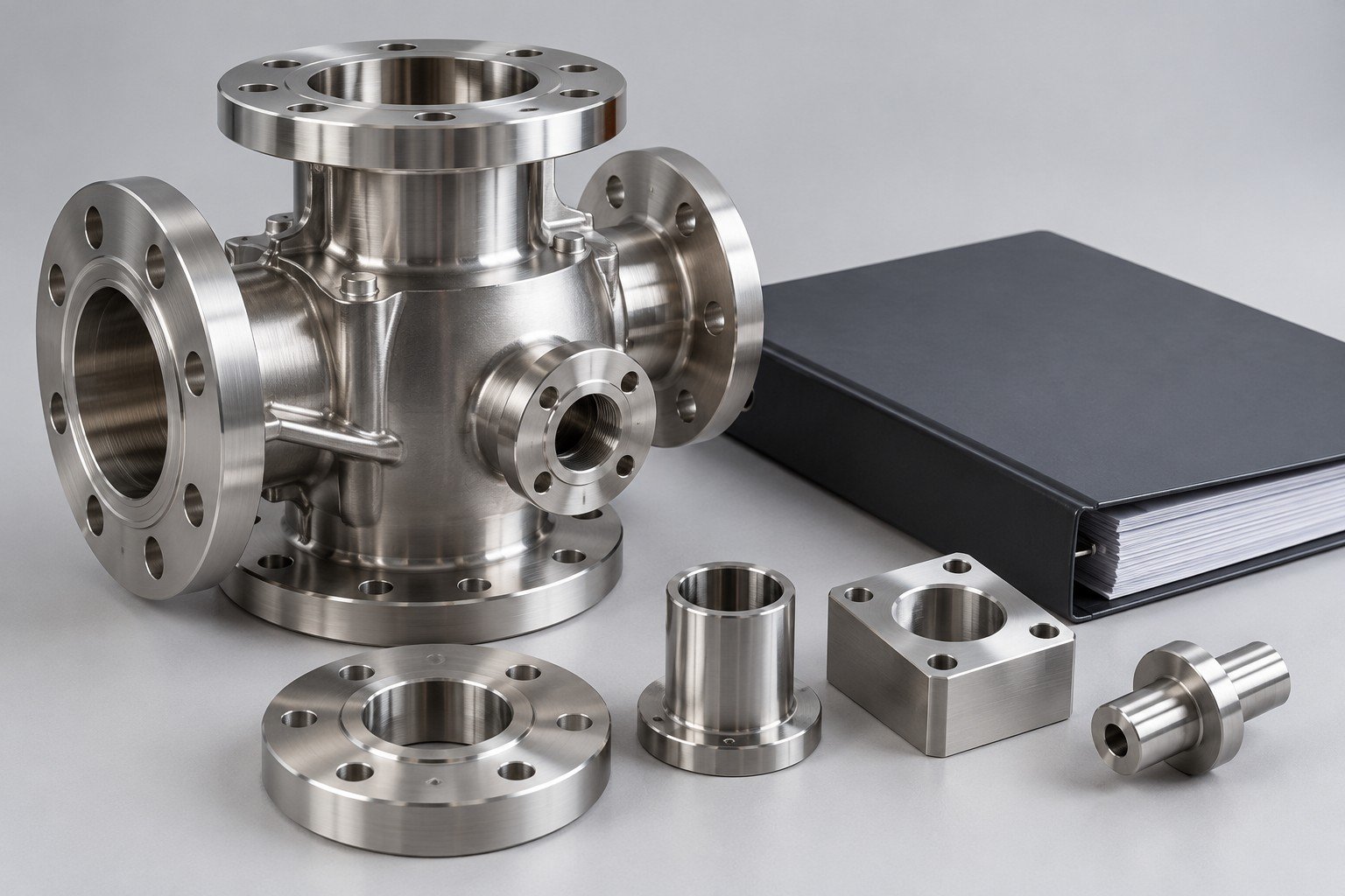 Stainless flanged component and smaller sample concepts beside plain material records binder; illustrative component concept, not measured/company/customer part