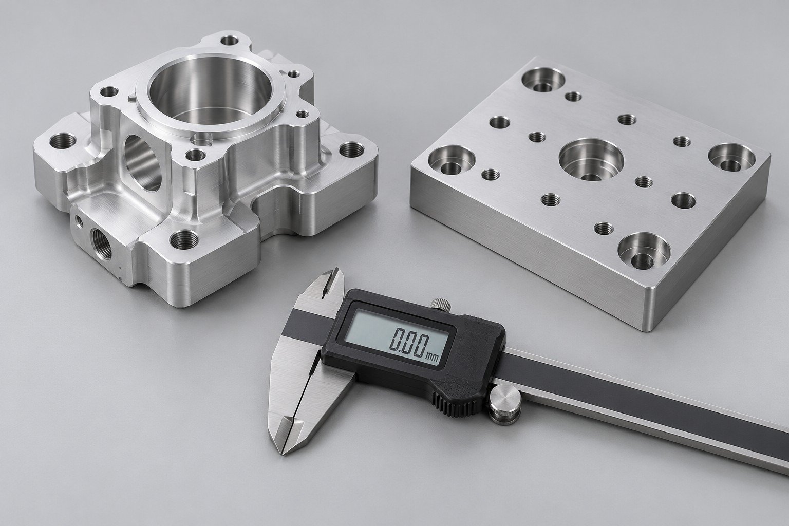 Machined housing and fixture plate beside a closed digital caliper displaying0.00mm zero check, not a part measurement; illustrative component concept, not measured/company/customer part