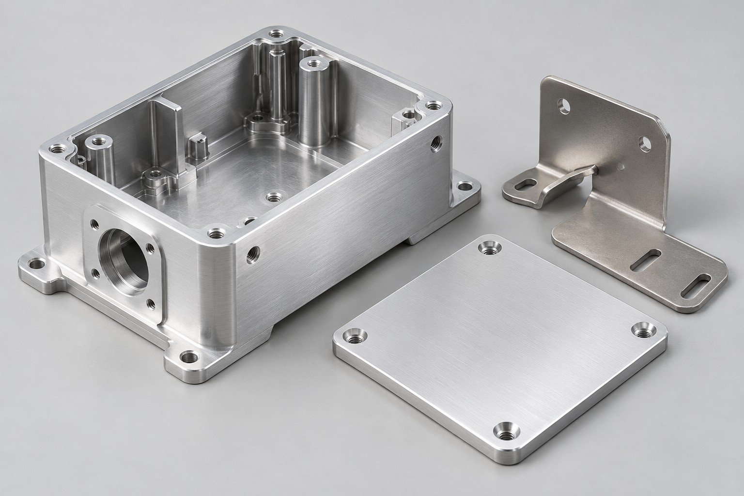 Machined enclosure, formed mounting bracket and separate mating plate; illustrative component concept, not measured/company/customer part