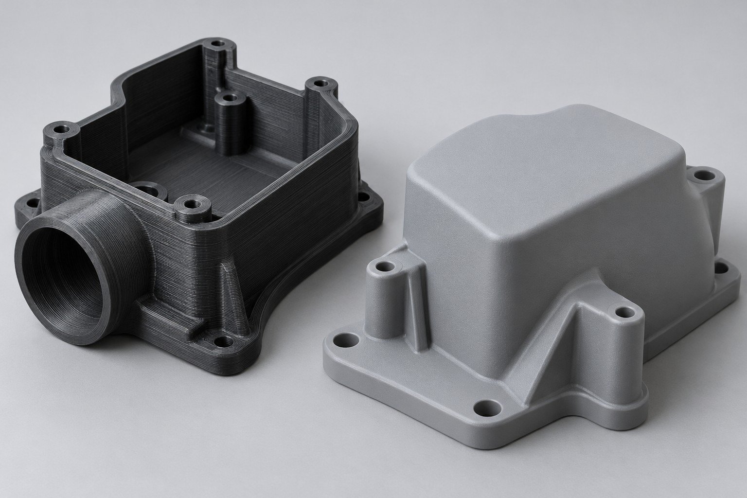 Two differently shaped polymer components with visible layer texture and smoother matte surface; illustrative component concept,not measured/company/customer part