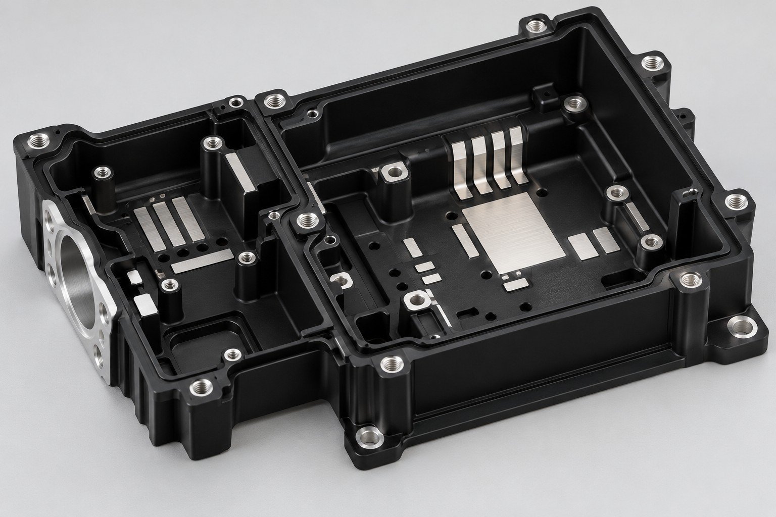 Black finished electronics enclosure with bare silver contact lands and uncoated bores; illustrative component concept,not measured/company/customer part