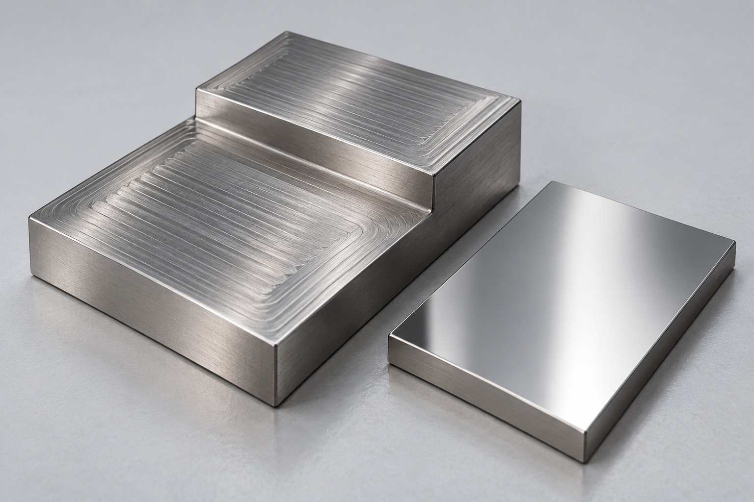 Machined stepped stainless plate with directional tool texture beside a smooth reference coupon; illustrative component concept,not measured/company/customer part