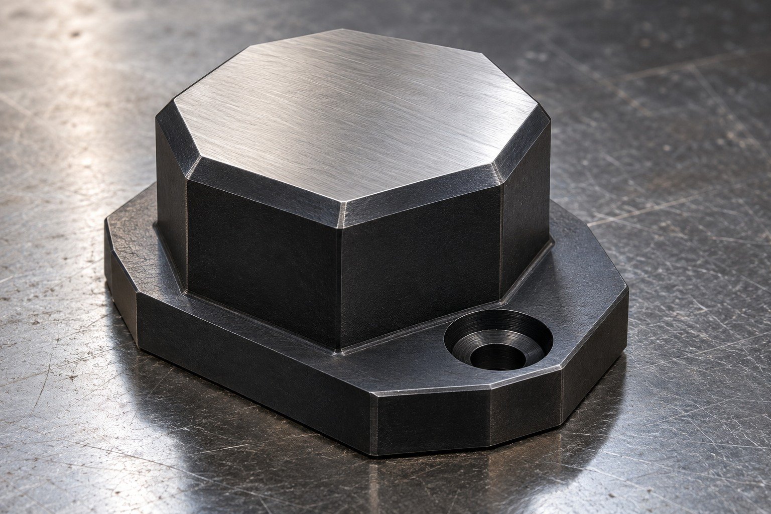 A compact octagonal steel striker coupon with broad mounting land and a counterbore, matte black oxide appearance with clean bright reference face. — illustrative generated component concept