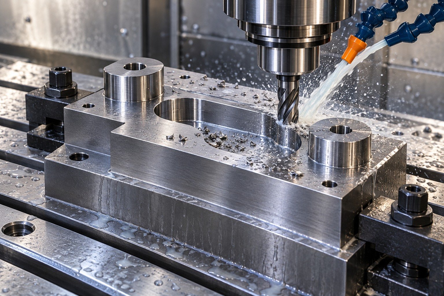 A stepped steel die block with offset rounded oblong pocket and two bosses, securely clamped to a T-slot table, end mill cutting near a coolant stream. — illustrative generated component concept