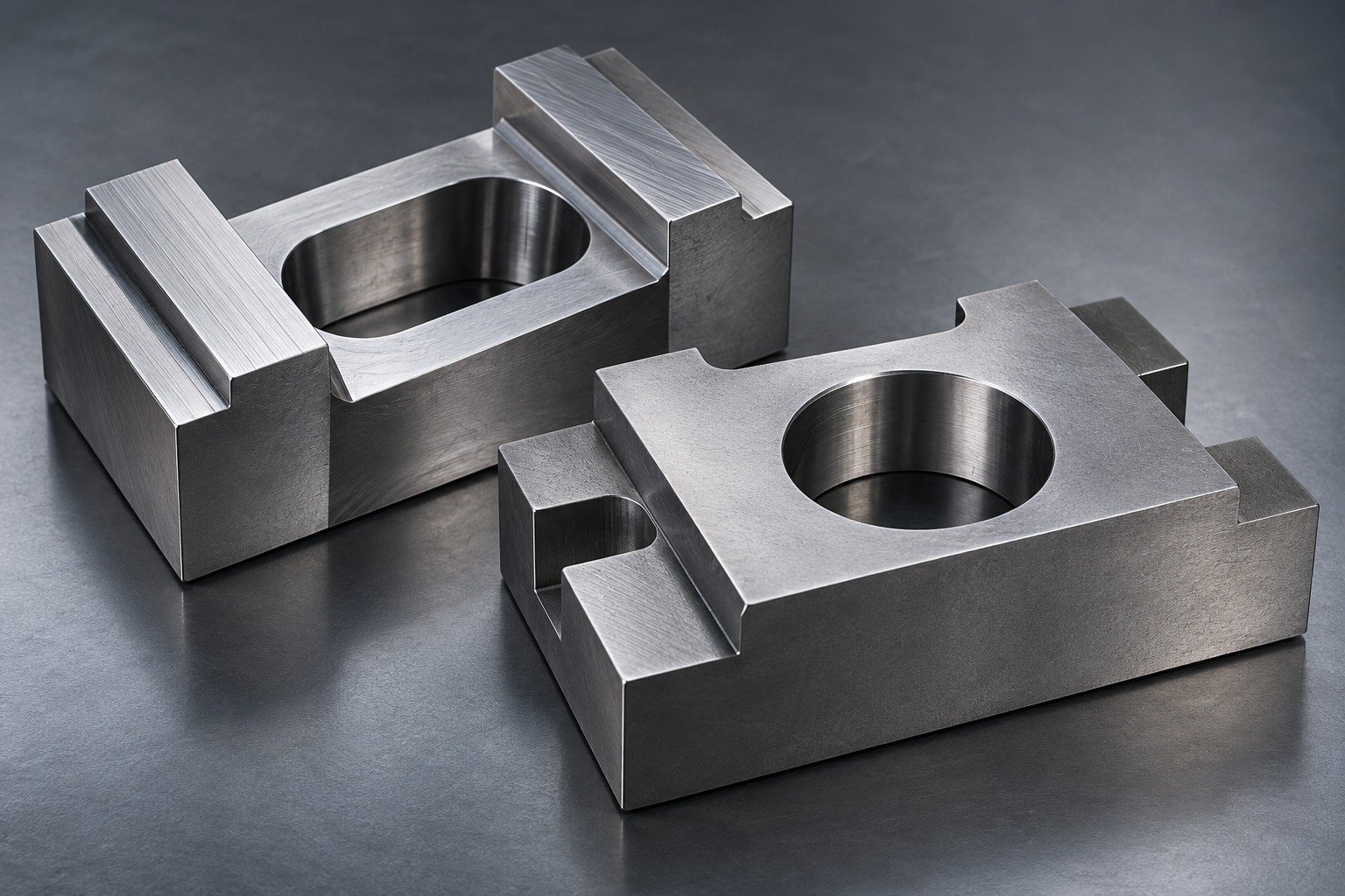 Two offset die inserts with distinct rounded apertures and broad supporting sections, machined stock bands on one, plain steel catalog composition. — illustrative generated component concept
