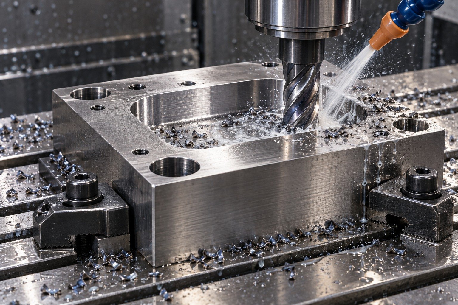 An offset die block held by low toe clamps, carbide end mill machining an accessible oblong recess with localized coolant, realistic wet steel chips. — illustrative generated component concept