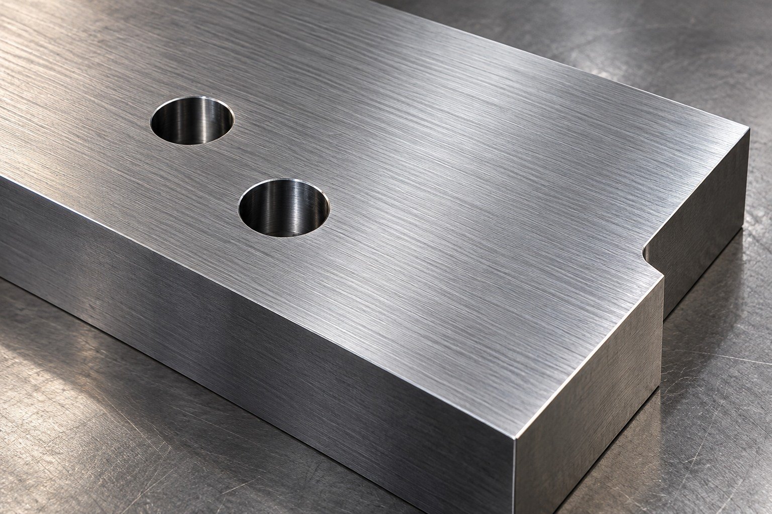 A thick rectangular tool-steel coupon with a relieved corner and two offset small bores, uniform fine parallel grinding texture filling the frame. — illustrative generated component concept