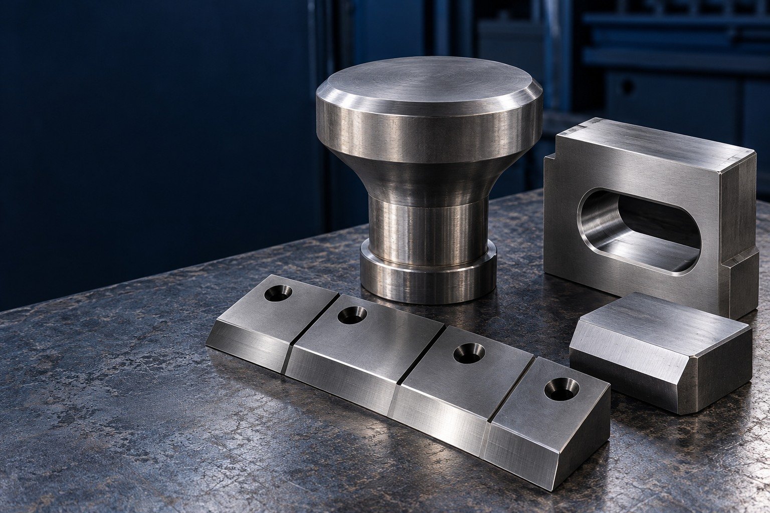 An industrial arrangement of shock-tooling concepts: a broad mushroom-head piercing punch with short supported shank, an offset rectangular die insert with rounded oblong opening, a segmented shear blade with four mounting holes and a stout striker pad — illustrative generated component concept