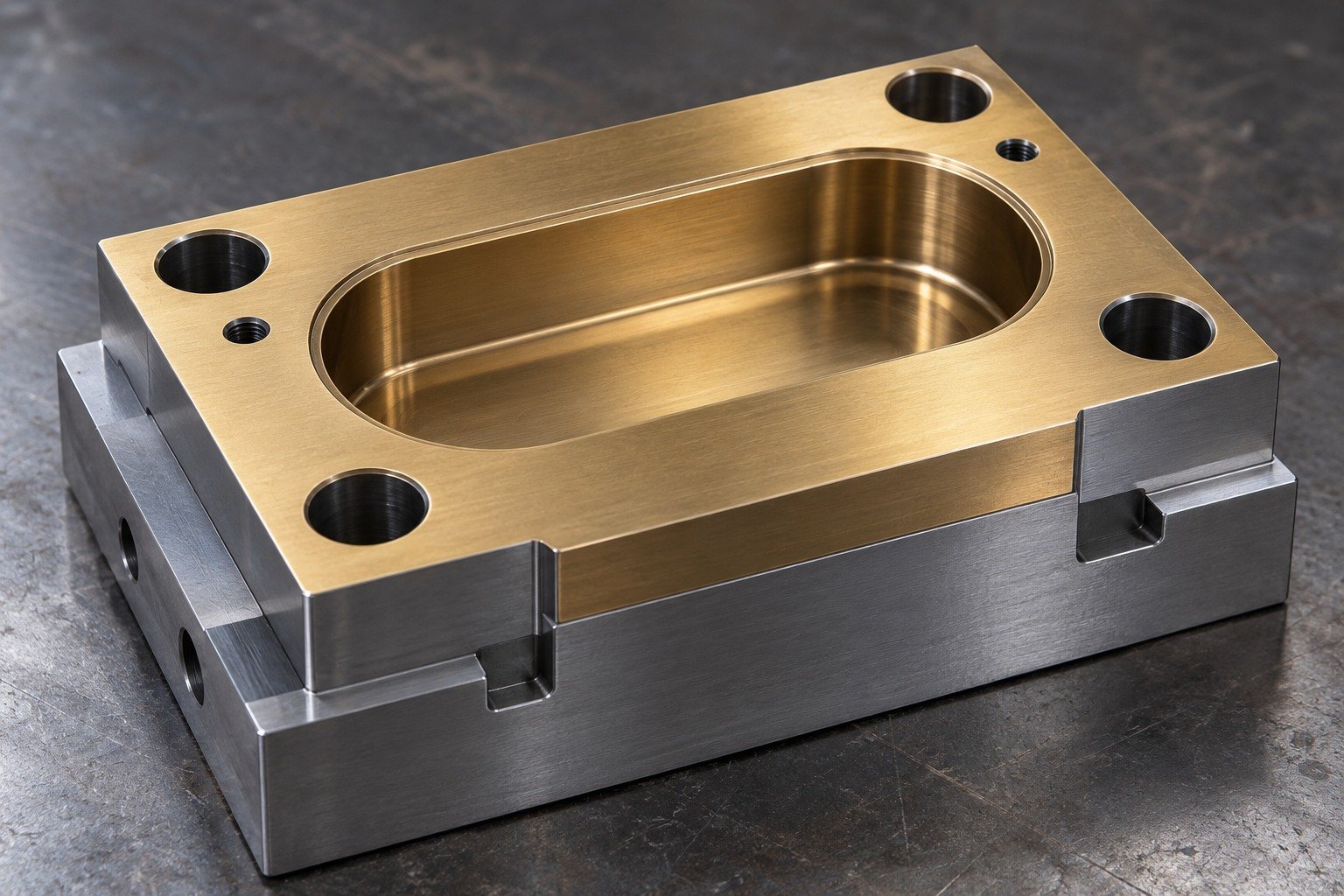 A compact die sample with an oblong pocket, muted bronze-gold coating appearance on the top pad and uncoated grey locating faces, clearly plausible masking boundaries. — illustrative generated component concept