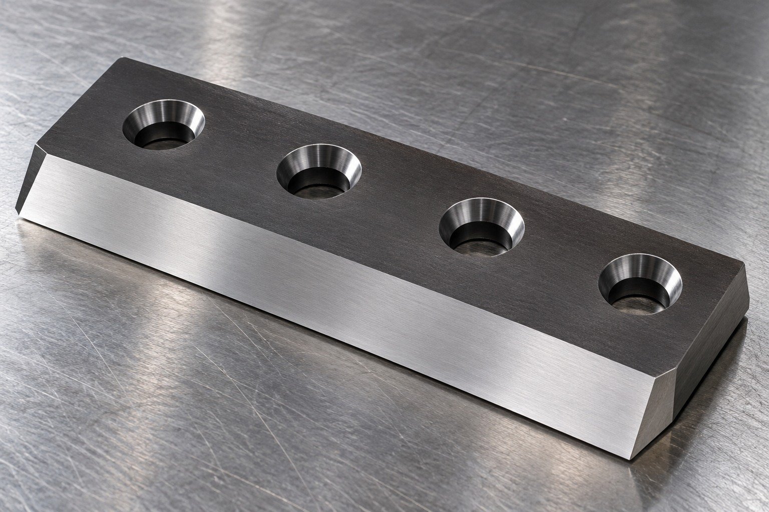 A thick four-hole industrial shear insert with restrained matte dark exterior and bright uncoated ground mounting faces and cutting land, plausible clear masking boundaries. — illustrative generated component concept