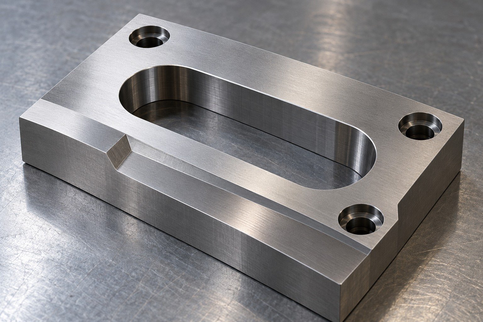 An asymmetric rectangular die insert with a rounded oblong working aperture and three offset mounting bores, broad supporting working land, no thin unsupported edges. — illustrative generated component concept