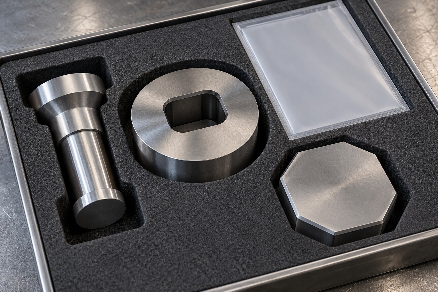 Fitted foam tray with separate pockets holding a short headed punch, thick shear insert and octagonal striker pad, blank document sleeve, no logos. — illustrative generated component concept