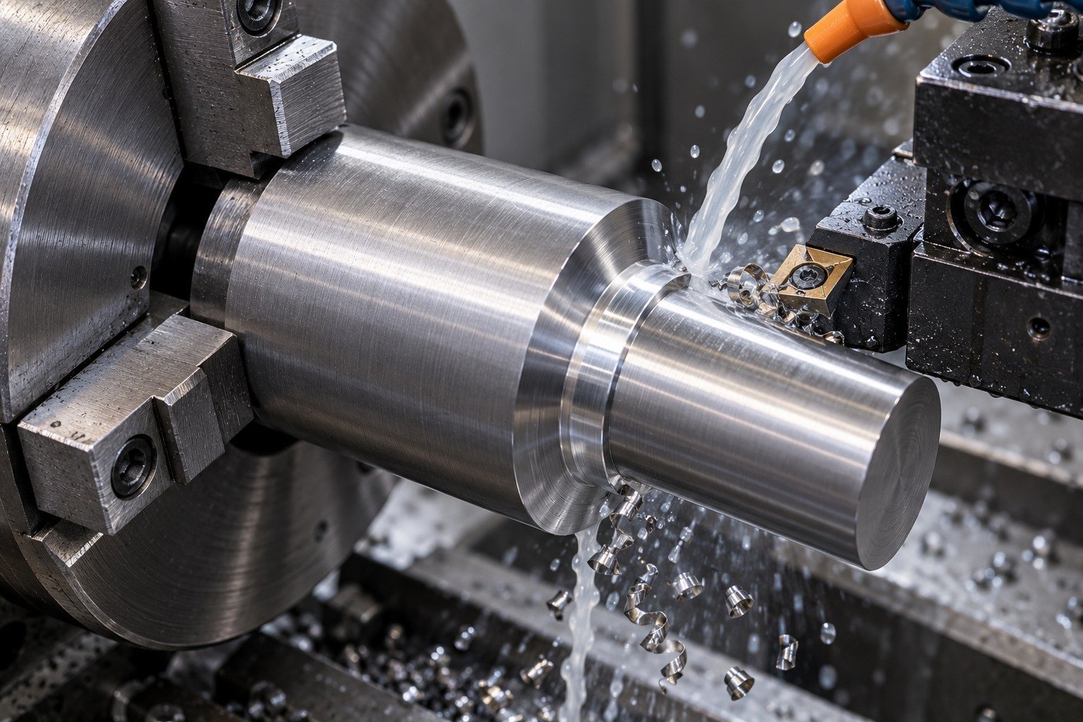 A different stout punch blank in a three-jaw lathe chuck, insert tool cuts a relieved shoulder with a visible coolant stream and short metallic chips. — illustrative generated component concept
