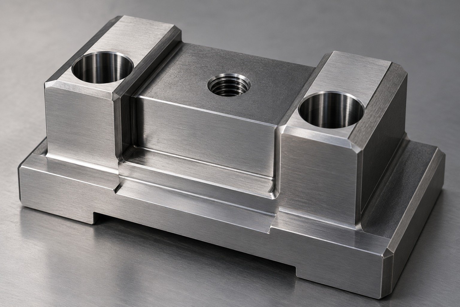 A stout headed punch holder with two dowel bores, one accessible threaded mounting hole and broad datum lands, close catalog view showing supported geometry. — illustrative generated component concept