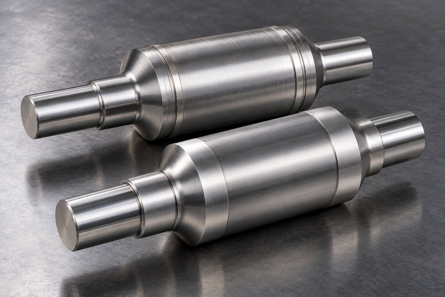 Two headed punch blanks, one with visible raised finishing-stock rings and another with ground locating lands, substantial shoulder fillets, neither razor sharp. — illustrative generated component concept