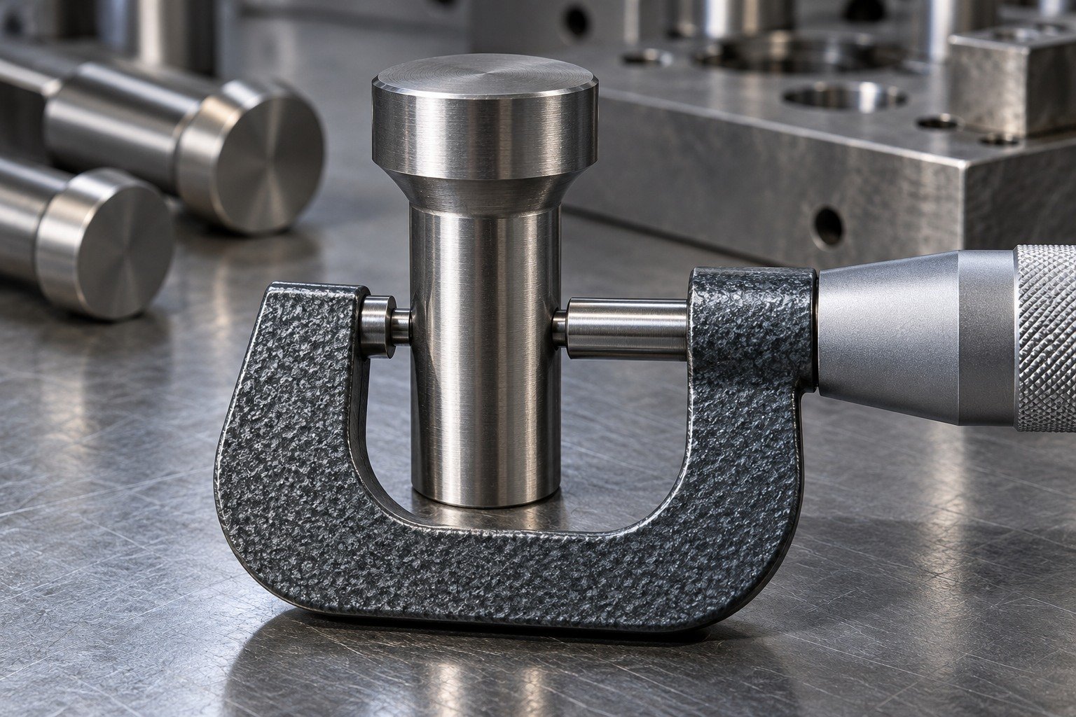 A short stout headed punch with an outside micrometer contacting both sides of its cylindrical locating shank, no numeric readout or hands. — illustrative generated component concept