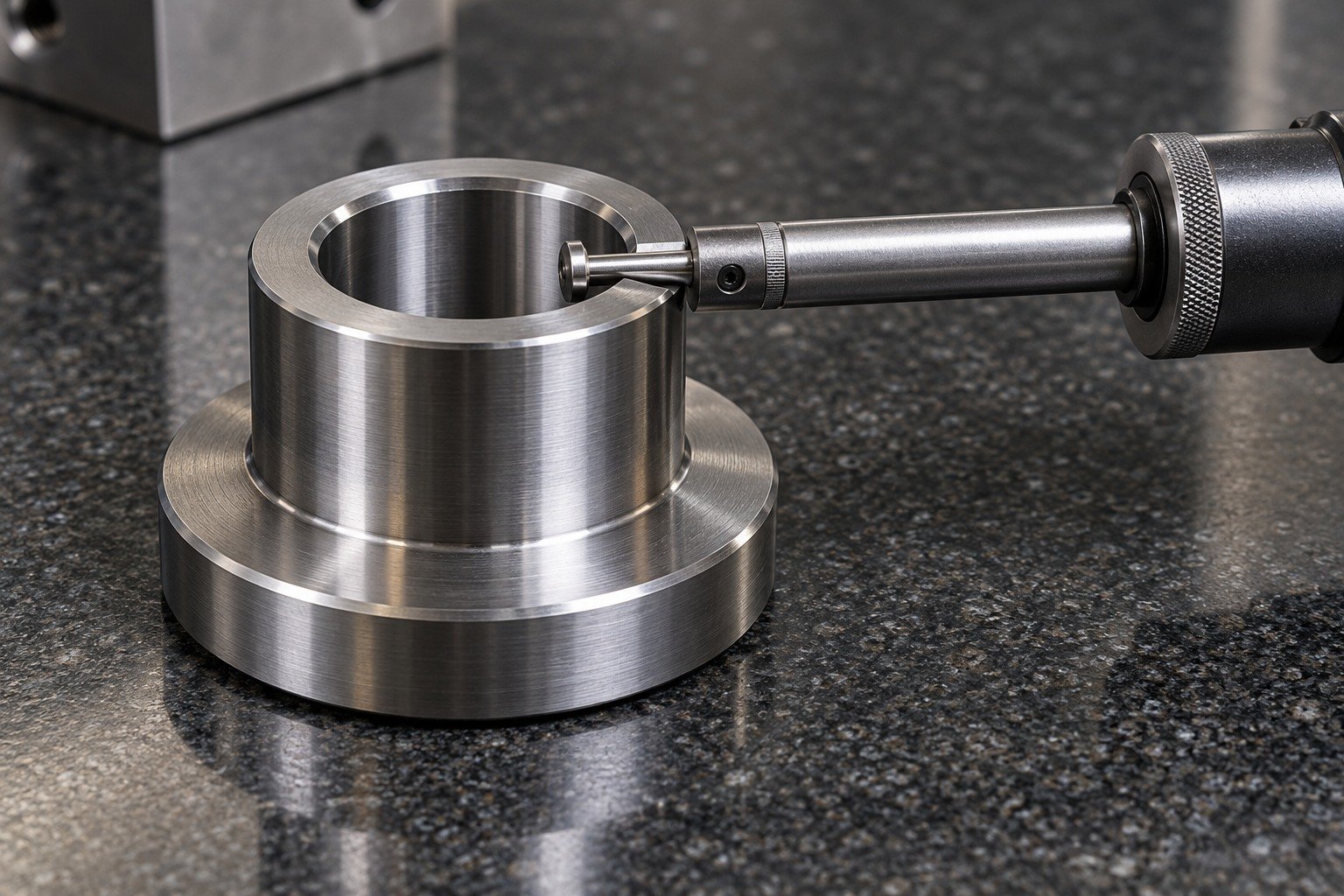 A short flanged rivet-set tool insert held on granite with a compact bore gauge contacting its accessible cylindrical mounting bore, no readout. — illustrative generated component concept