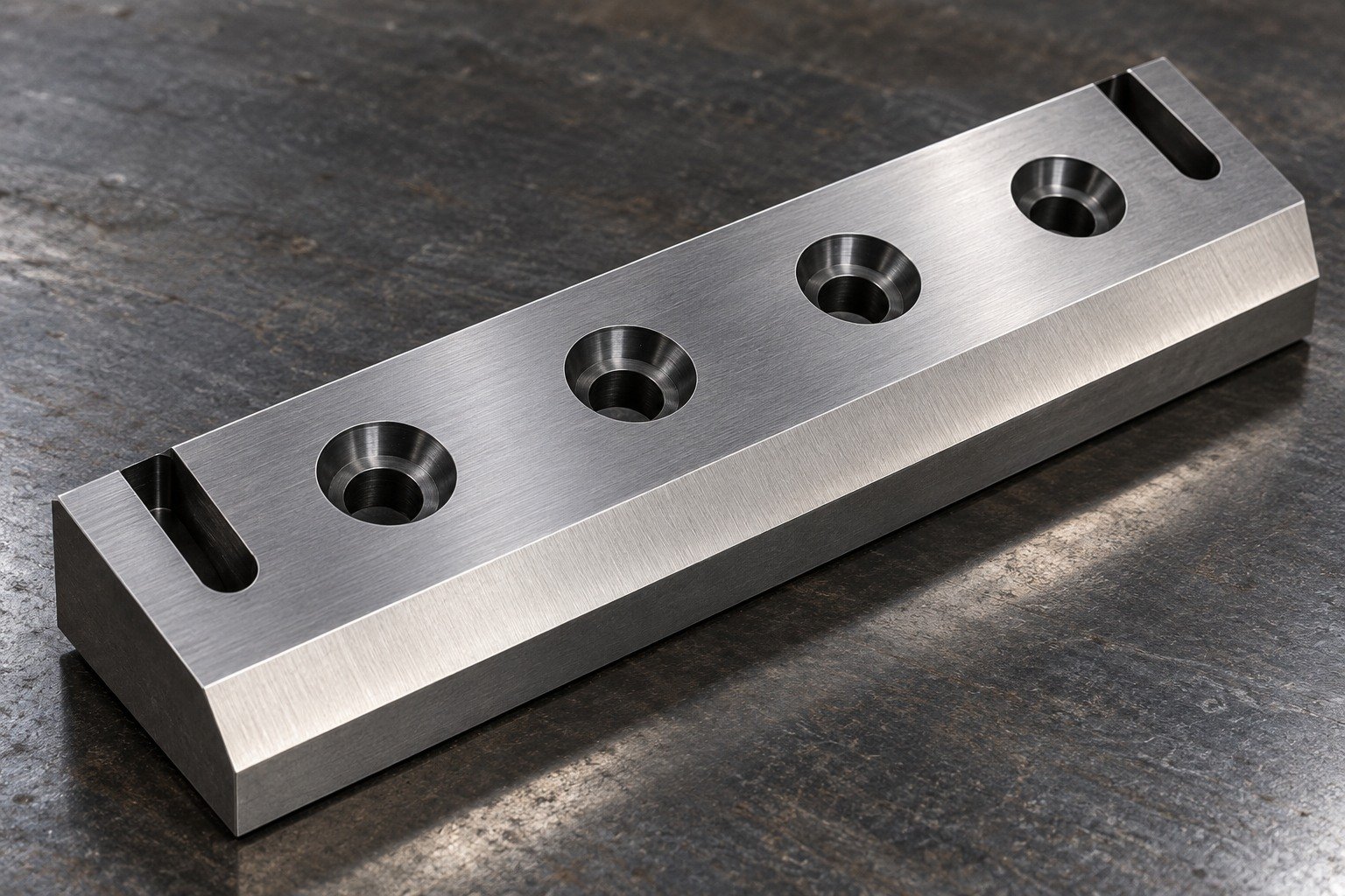 A thick rectangular segmented shear blade insert with four counterbored mounting holes, supported bevel along one long edge and two locating slots, industrial tooling only. — illustrative generated component concept