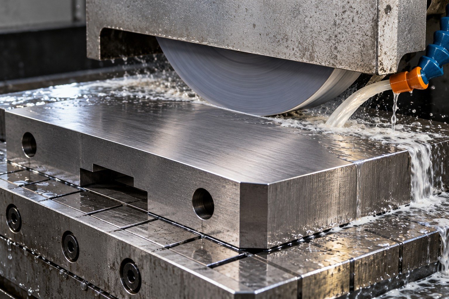 A thick industrial shear insert beneath a guarded surface-grinding wheel, narrow visible wheel segment contacting the broad reference plane, controlled grinding coolant, magnetic chuck. — illustrative generated component concept