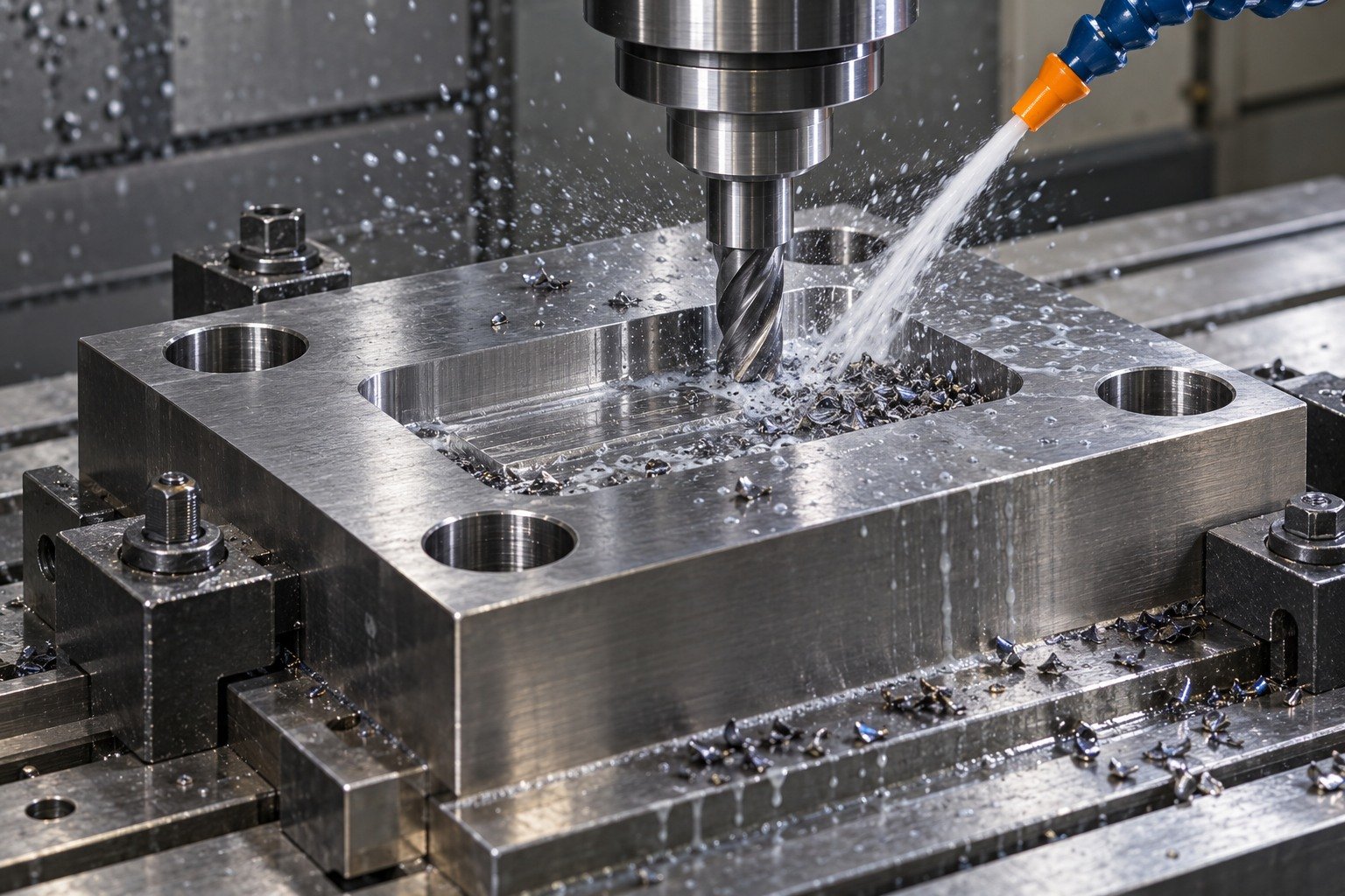 A thick four-hole shear insert clamped on a milling fixture, carbide end mill cutting a mounting pocket, actual coolant jet and short wet chips, plausible tool access. — illustrative generated component concept