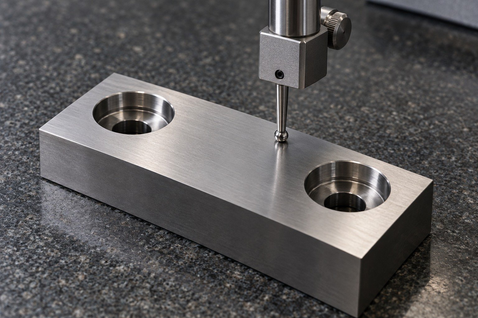 A rectangular shear insert on granite with a height-gauge stylus physically touching its broad upper reference face, visible counterbores, no numbers. — illustrative generated component concept