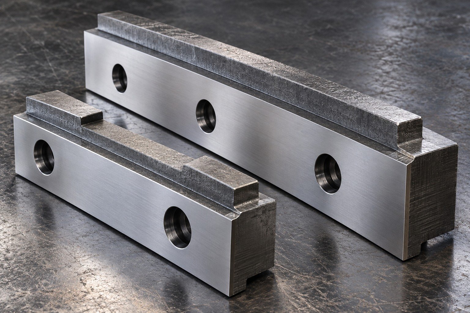Two thick shear tooling inserts of different lengths with ground broad faces and substantial mounting lands, one rough-machined with raised finish stock. — illustrative generated component concept