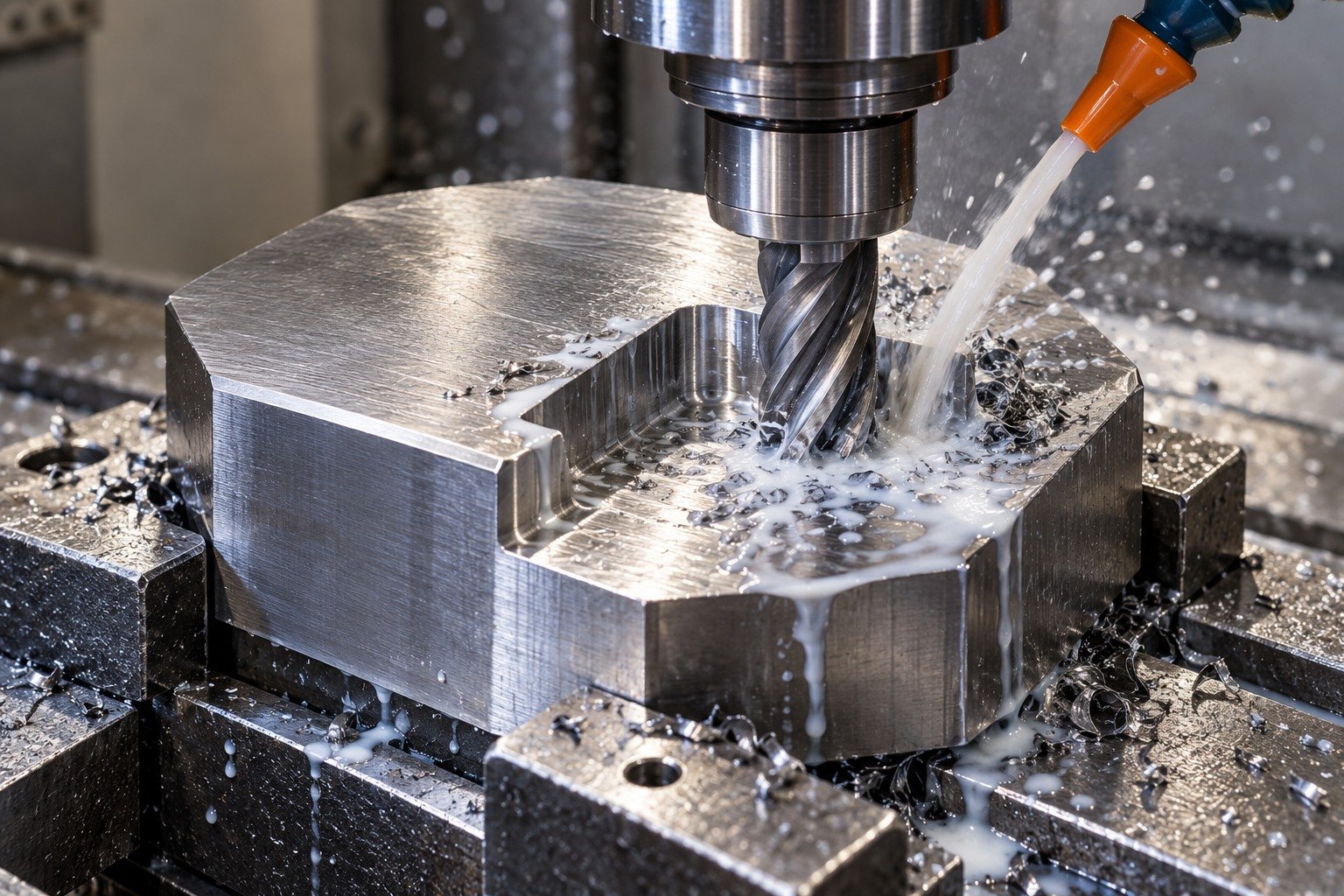 A stout octagonal striker pad held in a milling vise, carbide end mill cutting a wide accessible mounting relief under localized milky coolant. — illustrative generated component concept