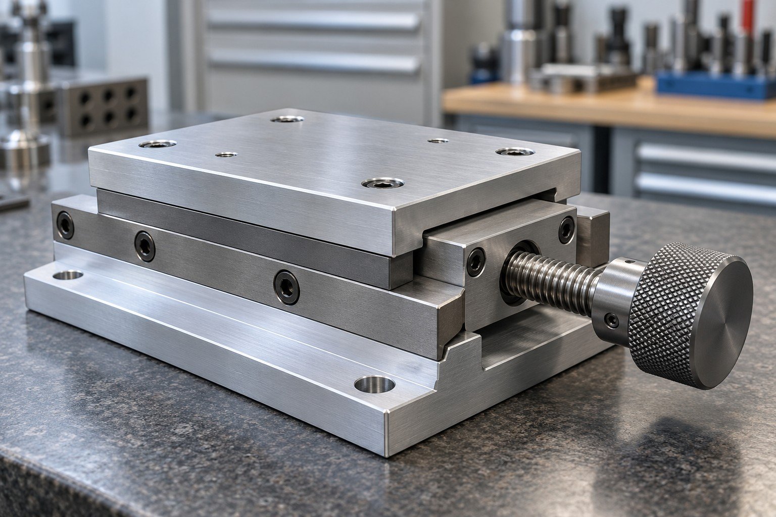 Compact dovetail positioning carriage with hand adjustment screw, aluminum base and steel gib