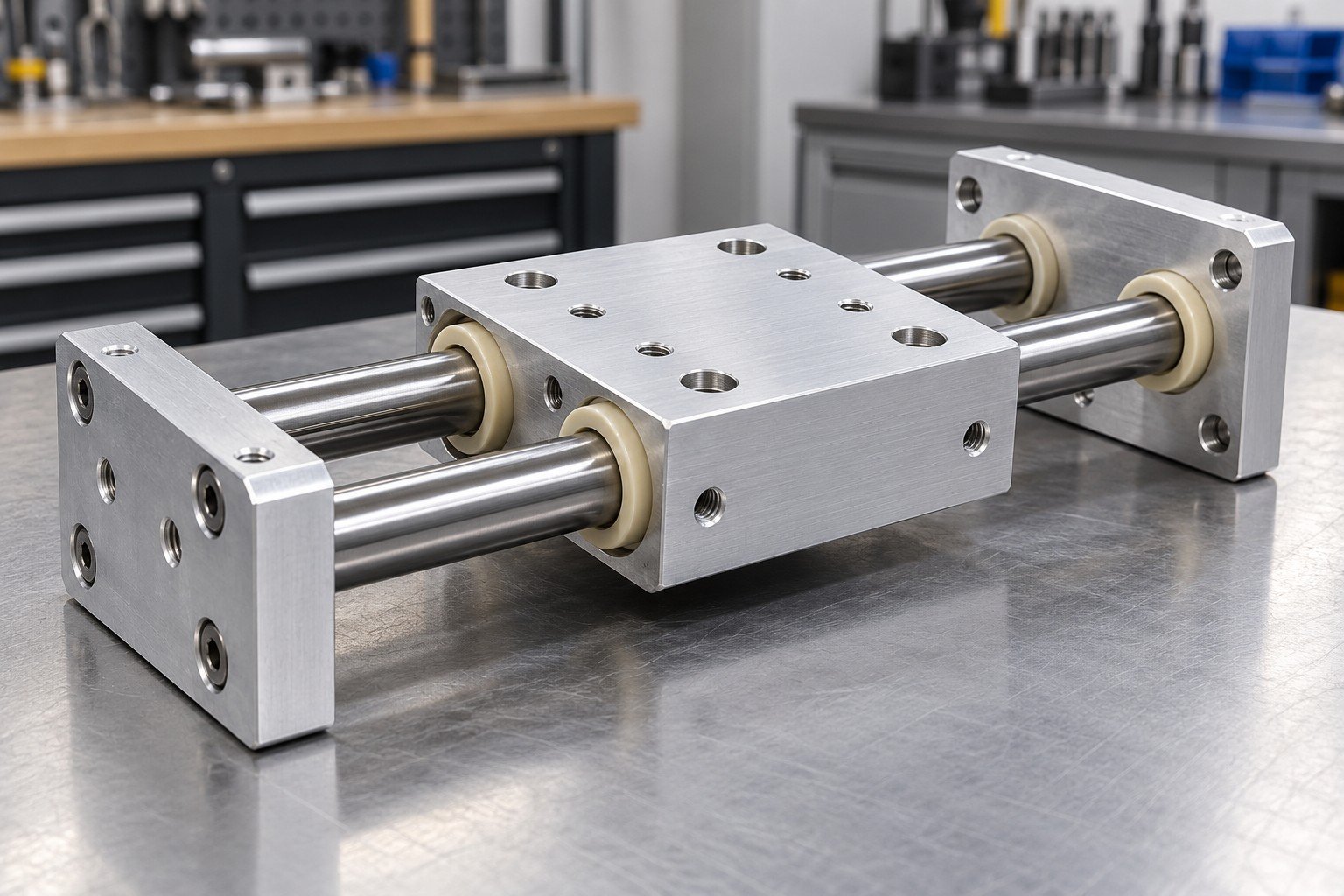 Twin guide rod slide subassembly with polymer bushings and aluminum end plates