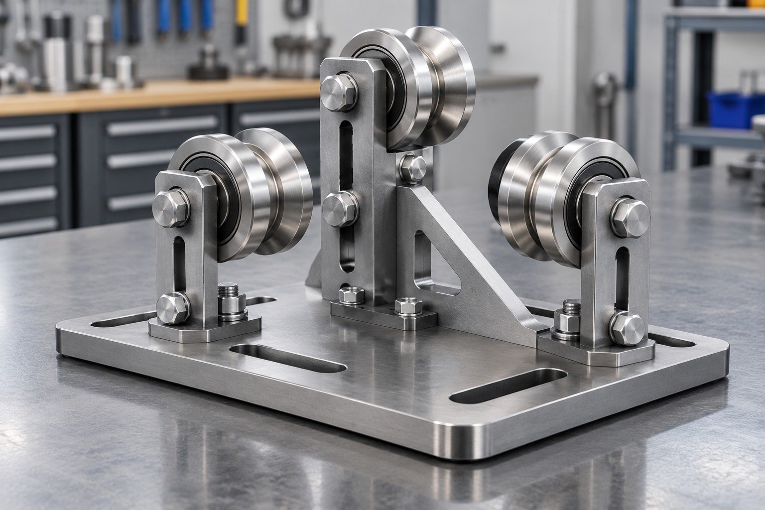 Adjustable steel roller guide module mounted on a triangular slotted plate