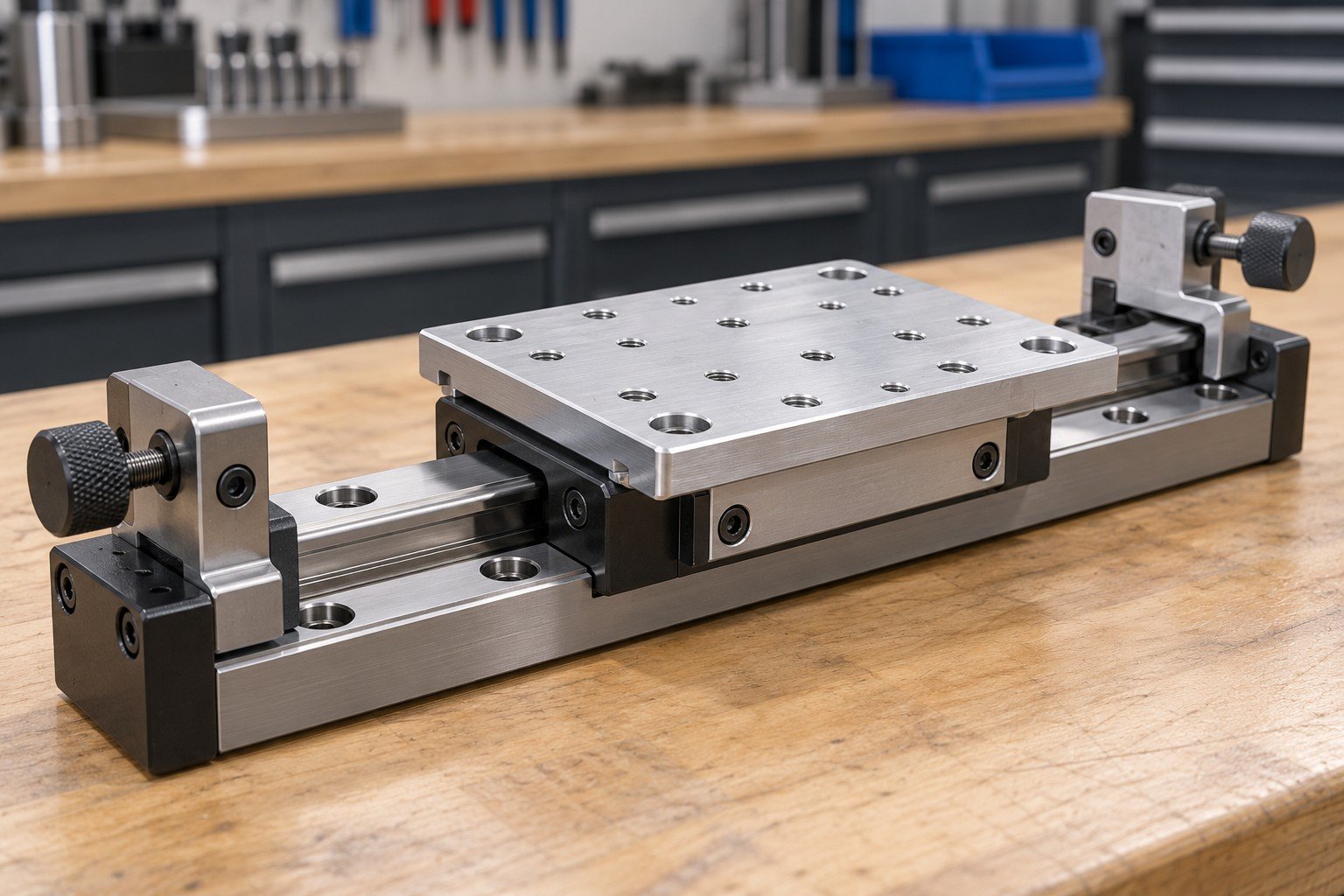 Small linear rail carriage with removable tooling plate and adjustable hard stops