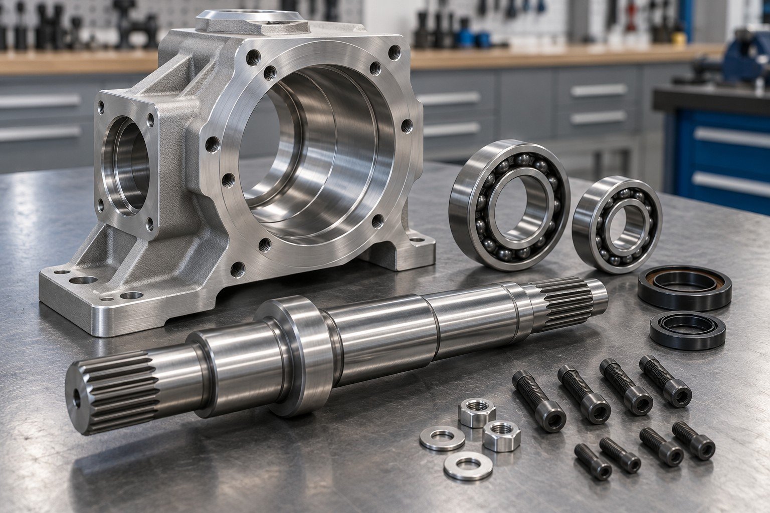Separate machined housing, shaft, bearings and small fasteners laid out to show one subassembly BOM