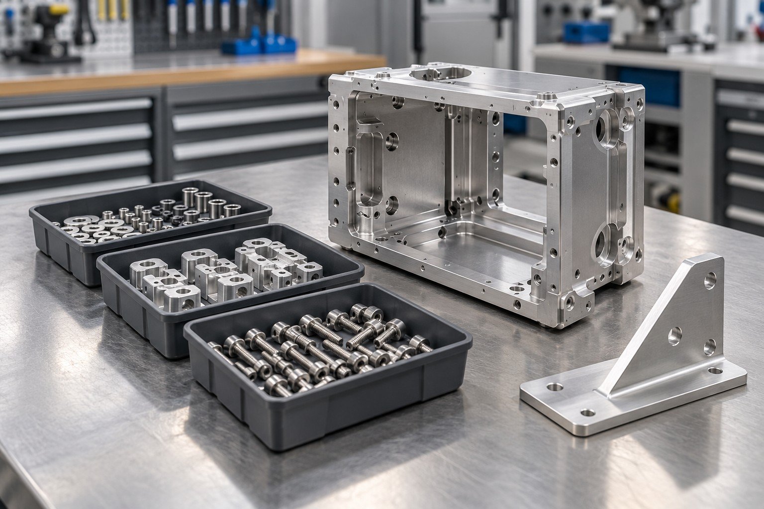Three component trays organized beside a machined mounting cassette and separately supplied bracket