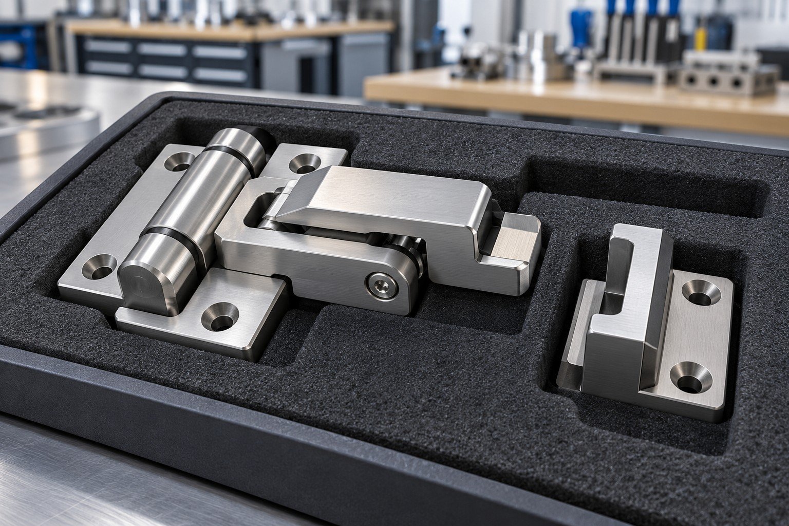Finished compact hinge-and-latch module in custom protective foam with separate receiving hardware