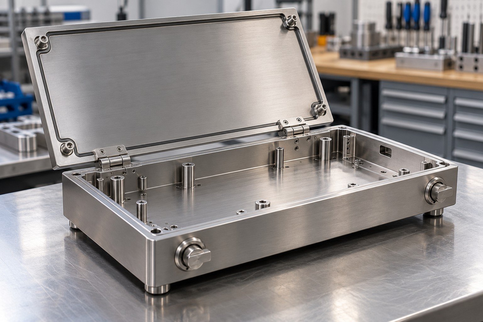 Open folded stainless instrument tray with removable hinged cover, standoffs and quarter-turn fasteners, no electronics