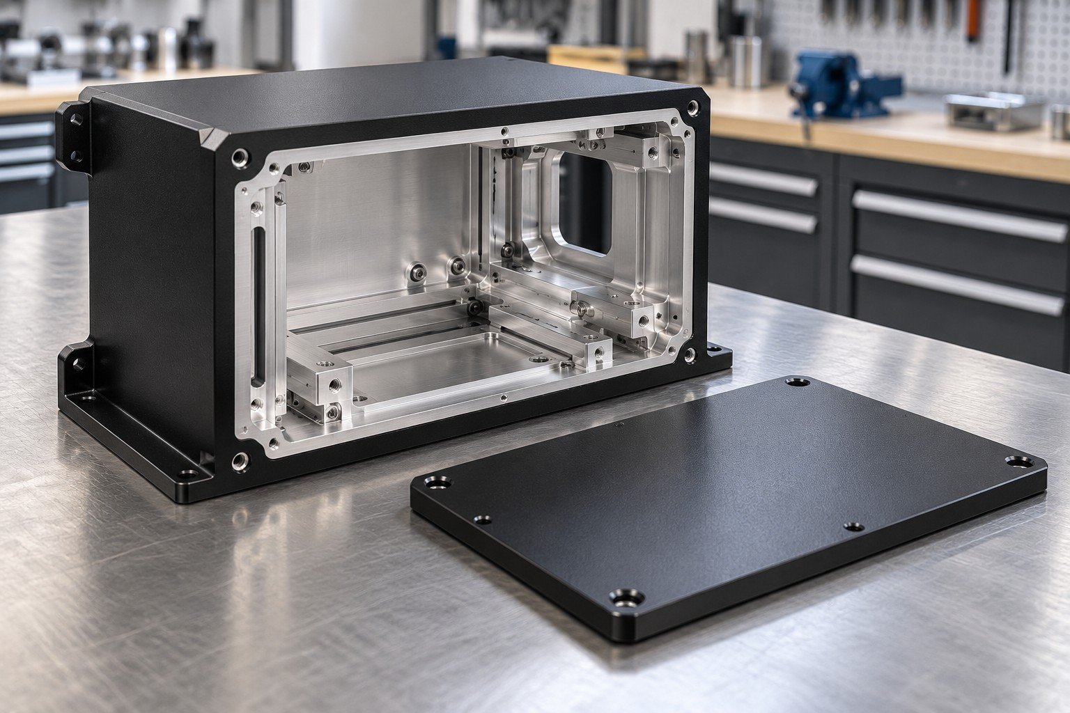 Black powder coated equipment housing with fitted aluminum mounting cassette and separate cover