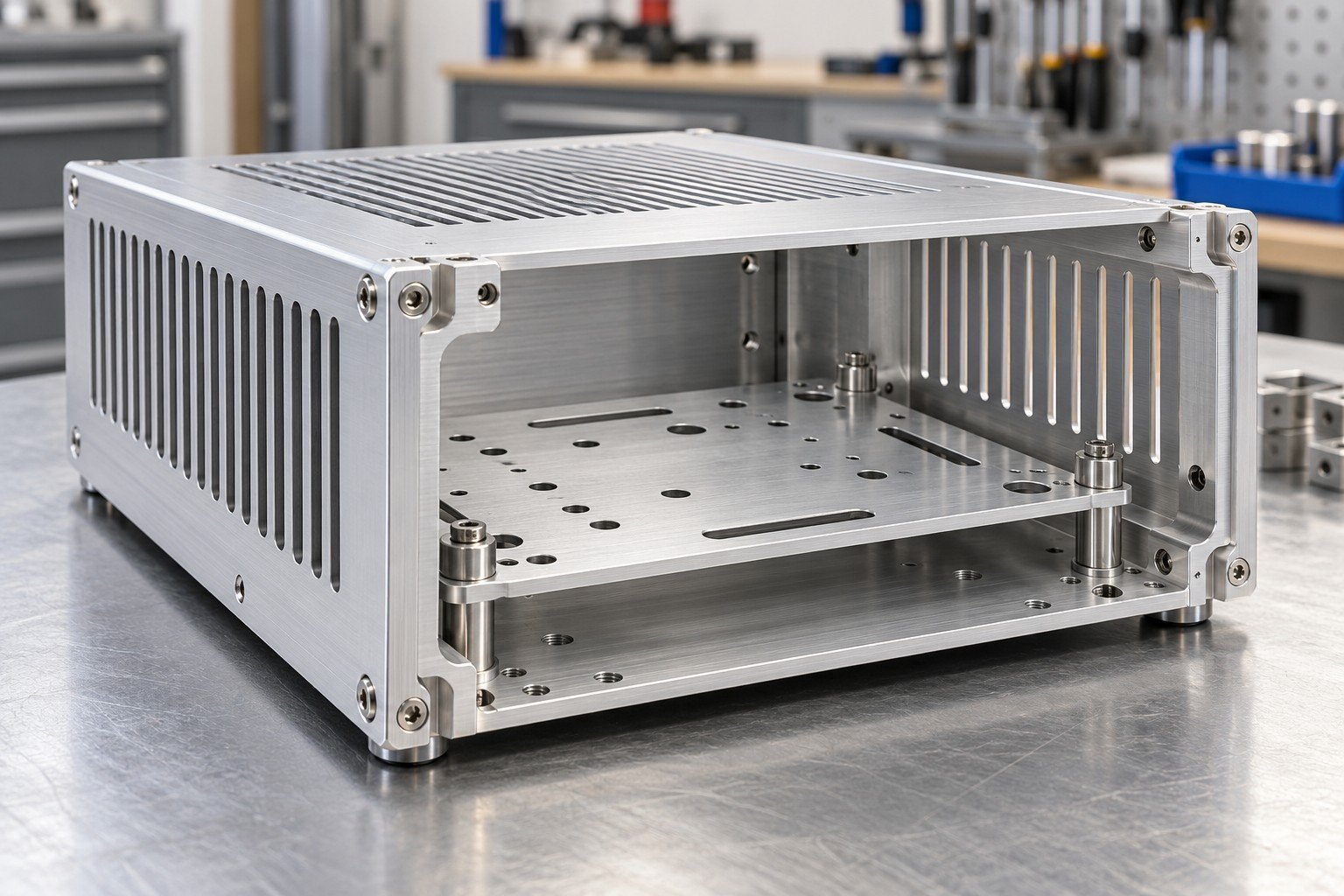 Small ventilated aluminum enclosure frame with captive fasteners and internal carrier plate