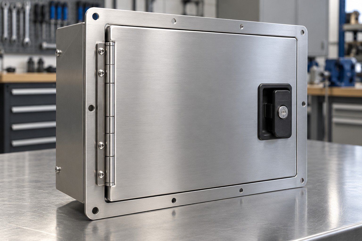Brushed sheet metal access door module with stainless hinge and polymer latch