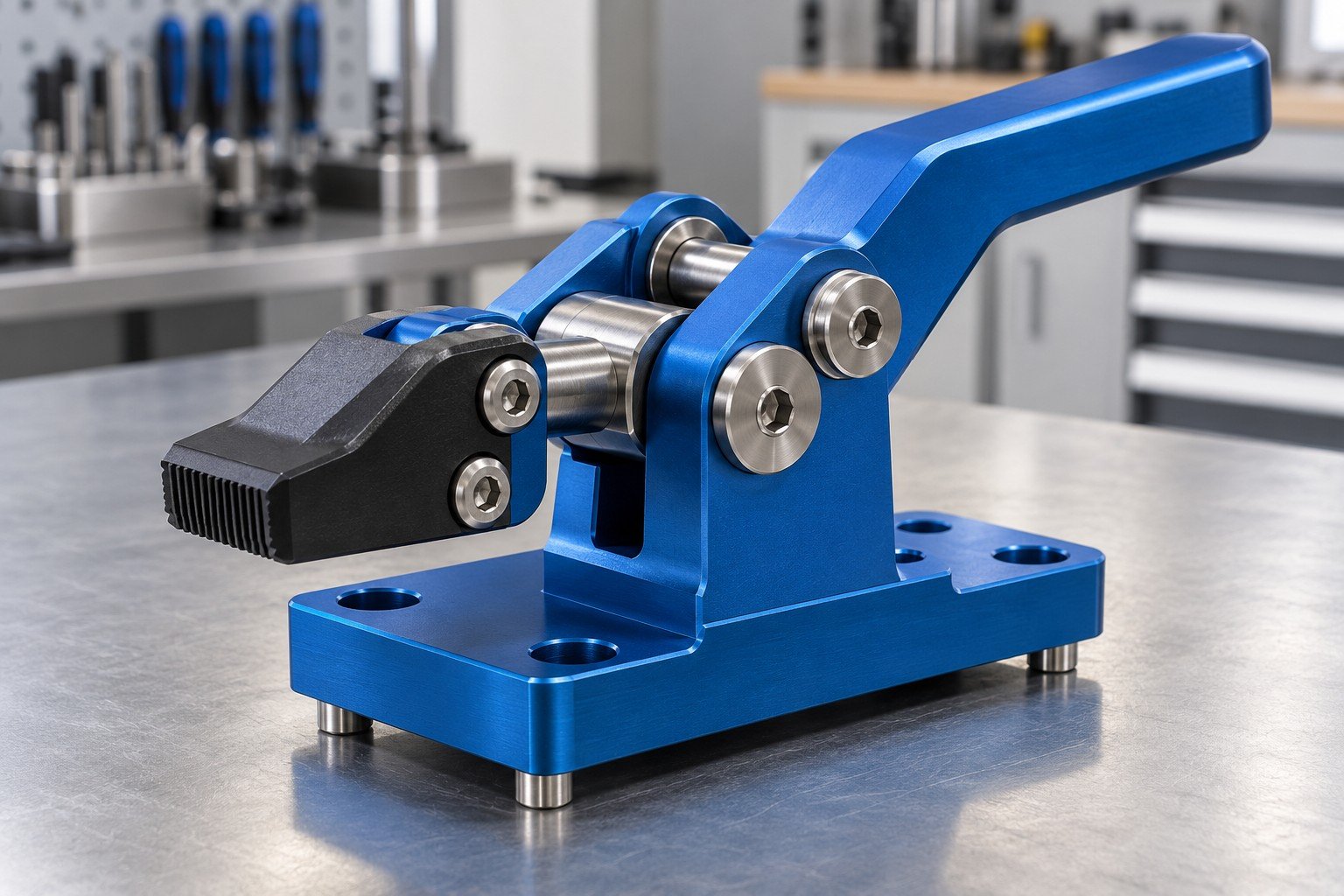Illustrative subassembly concept: finished lever-clamp cassette with pivot shaft, polymer contact shoe and locating mounting base
