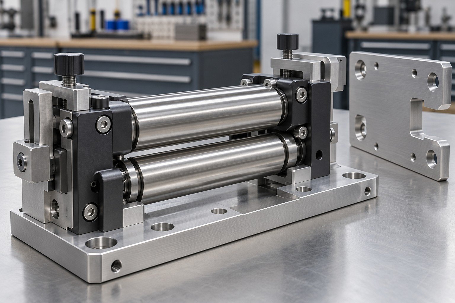 Complex modular equipment subassembly concept: compact twin-roller guide cassette with stainless rollers, anodized aluminum bearing blocks, machined mounting base, adjustable hard stops and separate mating host plate; no motor, no electronics