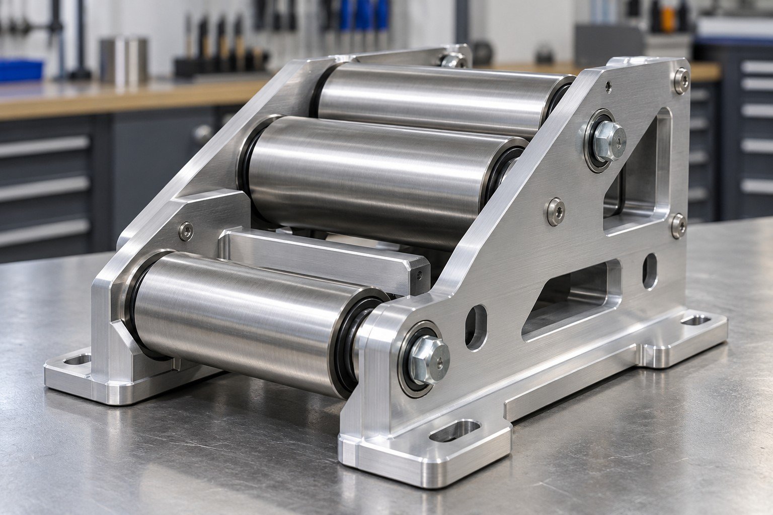 Industrial equipment roller-guide cassette with machined aluminum bracket and steel rollers