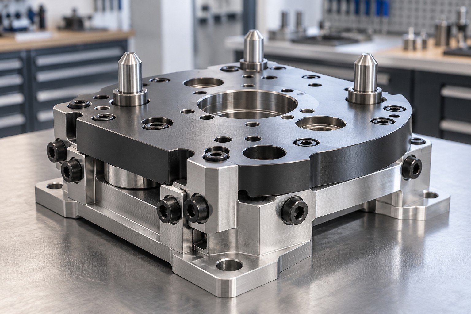 Robot tool change mechanical interface plate with locating pins and bolted support, no robot or electronics